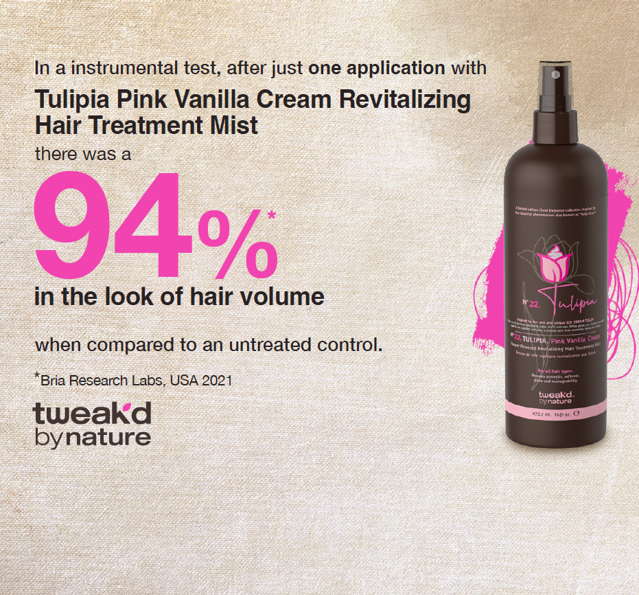 Tulipia Pink Vanilla Cream Revitalizing Hair Treatment Mist increases volume.